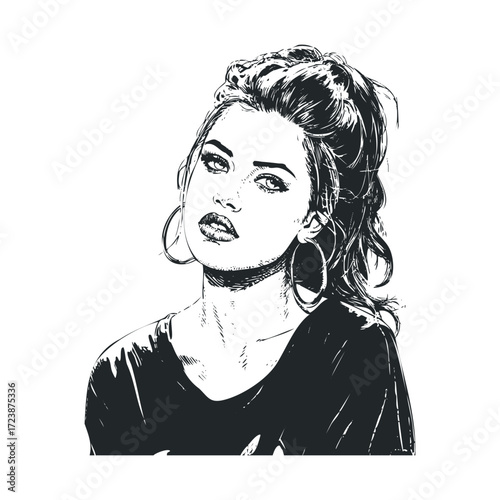 Monochrome portrait drawing of a young woman with a high ponytail.