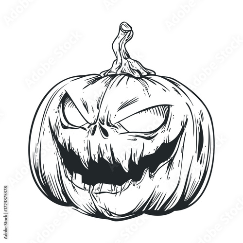 Hand-drawn spooky gourd with menacing eyes and a jagged smile.
