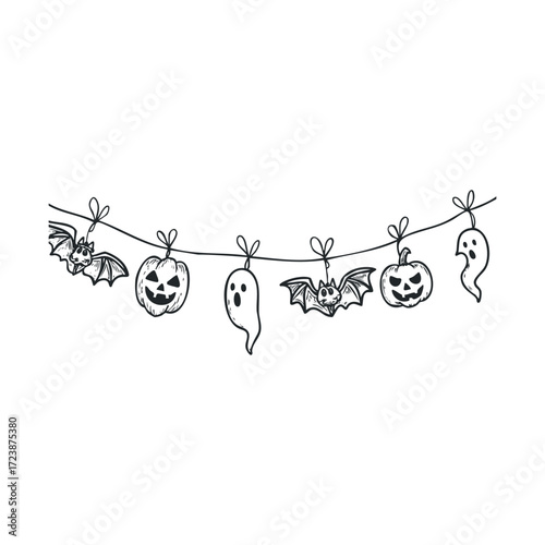 Line drawing of a string of spooky holiday decorations.