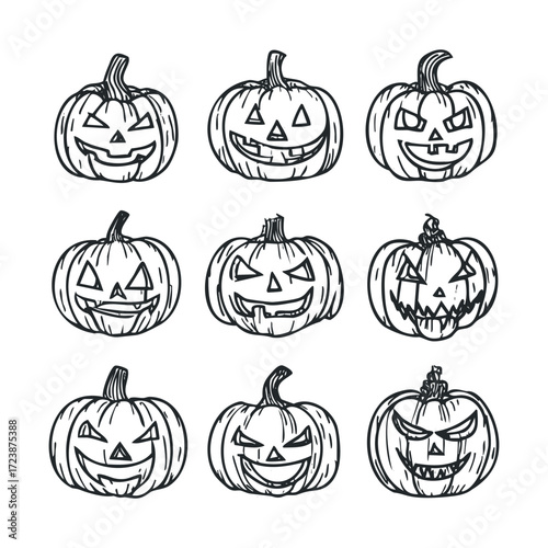 Nine hand-drawn, grinning gourds with carved features.