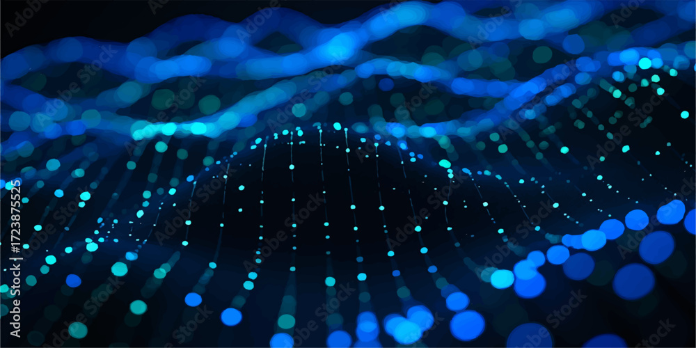 © KHADIZA - Blue fiber optic cable background with many light spots for digital communication and network tech design.