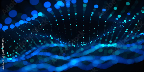 Abstract blue fiber optic background with a glow of laser light spots and energy pattern.