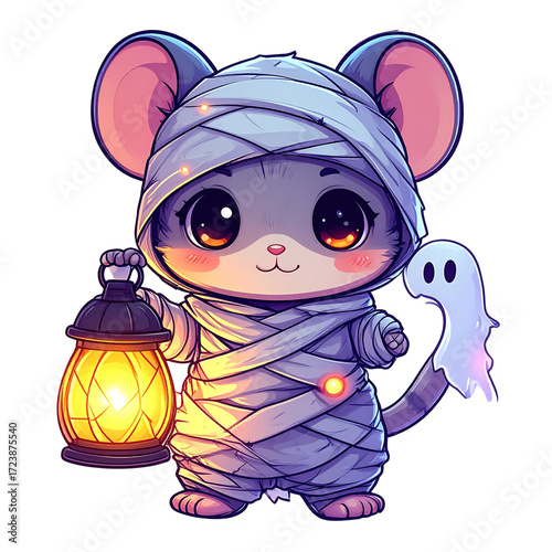 Cute cartoon mouse dressed as a mummy holding a lantern with a ghost backdrop during a spooky celebration