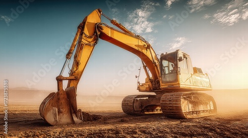 A vibrant yellow excavator working at a construction site under a beautiful sunset sky.