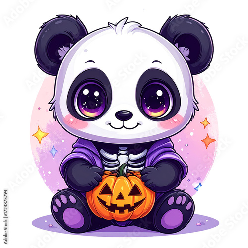 Cute panda character in Halloween costume holding a pumpkin with a skeleton design in a playful setting