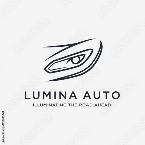 A minimalist logo for Lumina Auto, featuring a stylized car headlight with the tagline 'Illuminating the Road Ahead'.