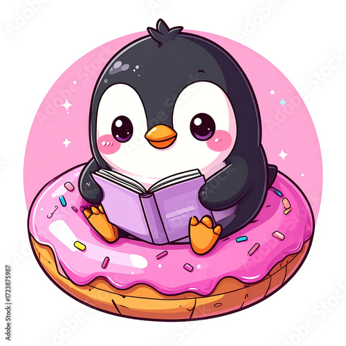 Cute penguin reading a book while sitting on a colorful donut in a cheerful, bright setting