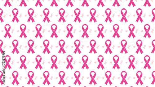 Breast cancer awareness seamless pattern with a variety of pink ribbons and hearts