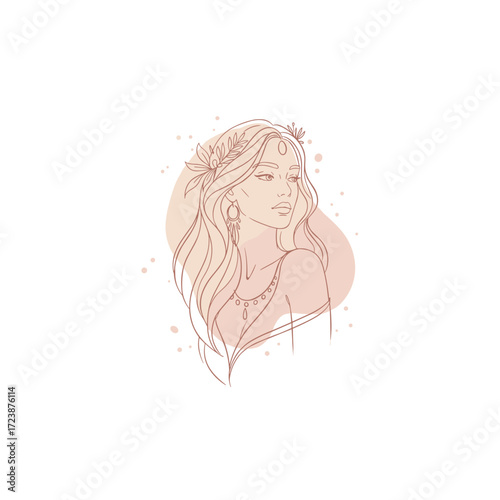 Elegant boho style minimal logo with feminine silhouette in pastel colors on white background