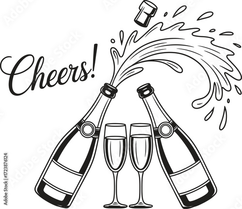 Champagne bottles and glasses with cheers message