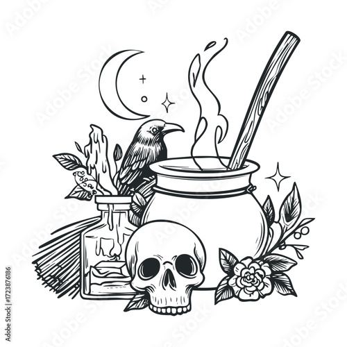 Occult sketch of a bubbling cauldron, skull, and crow.