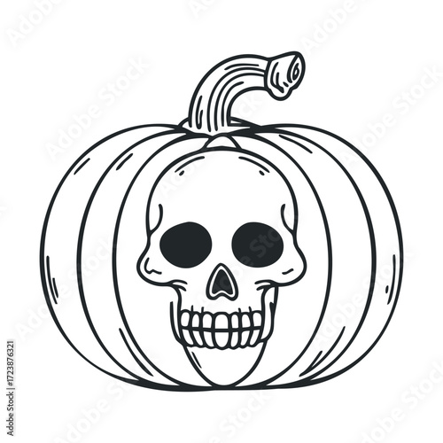 Line drawing of a pumpkin carved with a skull face.