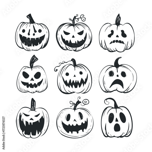 Grid of nine carved pumpkins with various scary expressions.