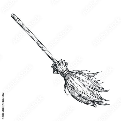 Engraving-style drawing of a simple wooden broomstick.