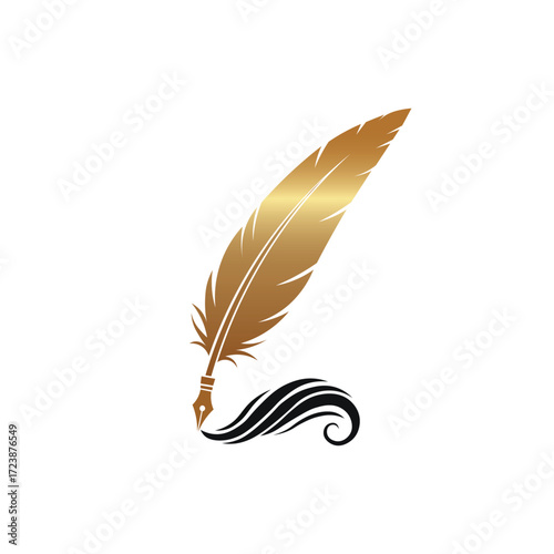 Golden Quill Pen Logo, Elegant Writing Feather Icon