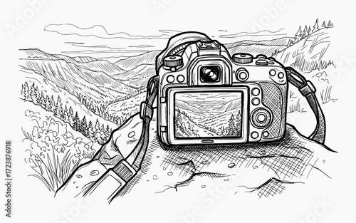 Camera with Mountain Landscape in Black and White Sketch Style – Vector Illustration for Adventure and Photography Concepts