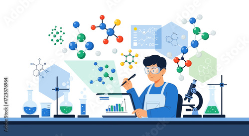 Illustration of a scientist working in a lab with various science equipment and molecules visible