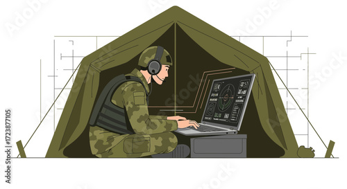 Illustration of a soldier using a laptop in a military tent for tactical operations