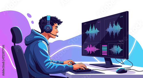 Illustration of a sound engineer working on audio editing software using headphones