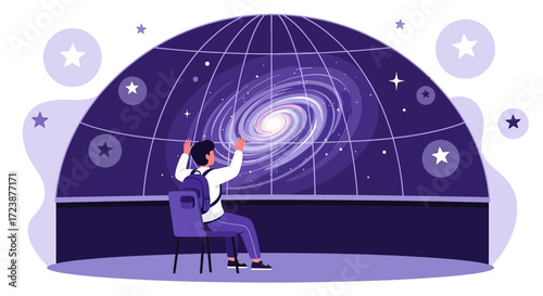 Illustration of a student at the planetarium admiring a vibrant spiral galaxy projection