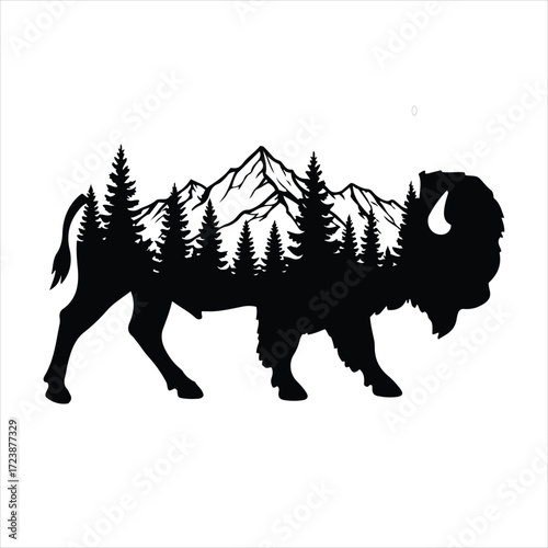 Majestic bison silhouette filled with mountain landscape and pine forest nature scene