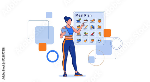Illustration of a woman in sportswear holding a tablet and reviewing a meal plan chart for diet