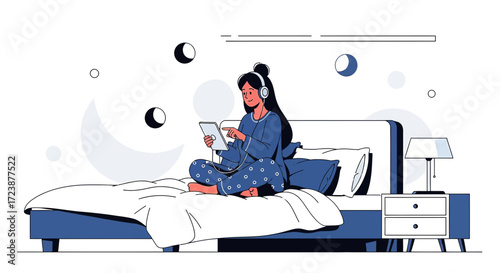 Illustration of a woman using a tablet in bed wearing pajamas and headphones creating a cozy night