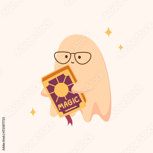 Cute Halloween illustration with a kawaii ghost in glasses with magic book. Great for card, seasonal print, poster, invitation, sticker