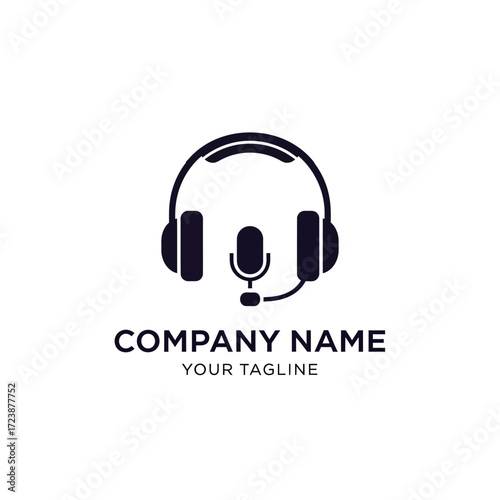 Black silhouette logo of headphones with a microphone, suitable for audio, podcast, or customer service businesses.