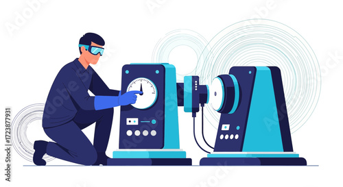 Illustration showcasing industrial worker operating complex machinery with precision and control