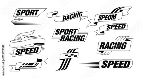 Collection of monochrome racing banners and speed ribbons for sports emblems and logos