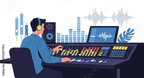 Illustration showcasing music producer working on sound design audio engineering studio