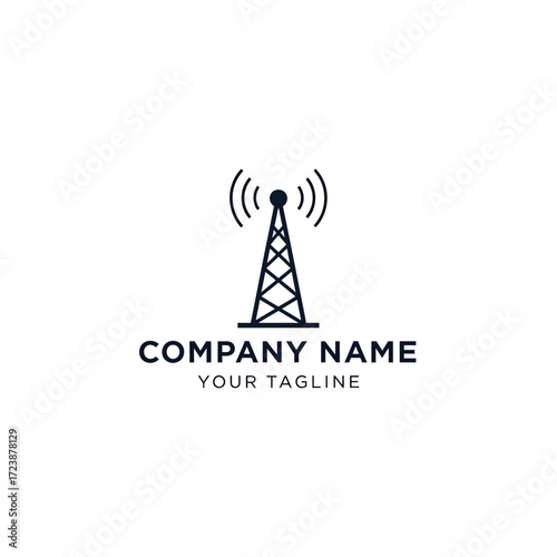 Simple black and white logo featuring a communication tower with radiating signal waves.