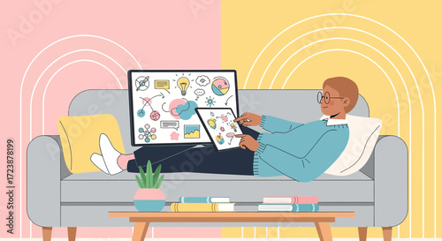 Illustrative depiction of a man working remotely from home using a tablet and a laptop on the sofa