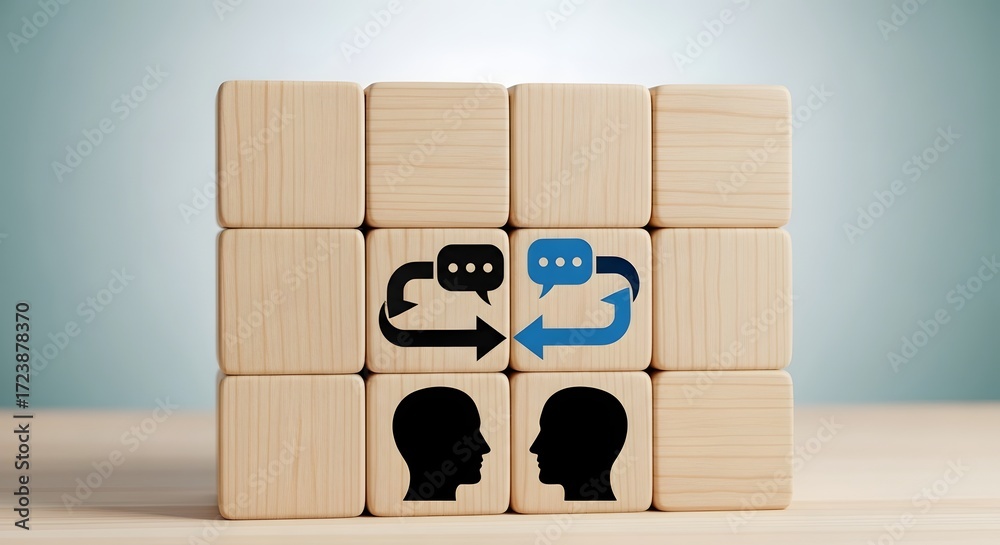Obraz premium Communication concept with two heads facing each other and speech bubbles showing exchange of ideas