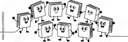 Happy cartoon books standing together in a group