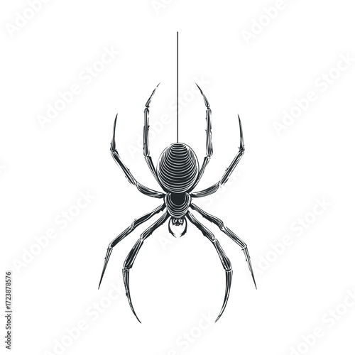  Detailed sketch of a large spider hanging on a single thread.