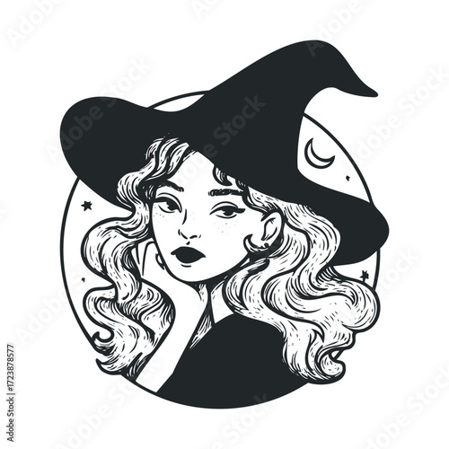 Circular portrait sketch of a woman wearing a large witch hat.