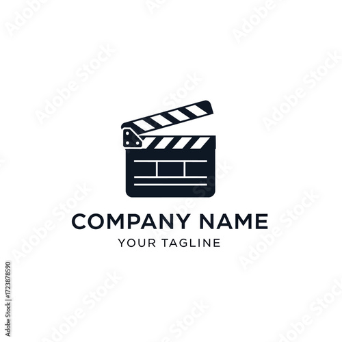 Black and white logo of a clapperboard, with company name and tagline below.