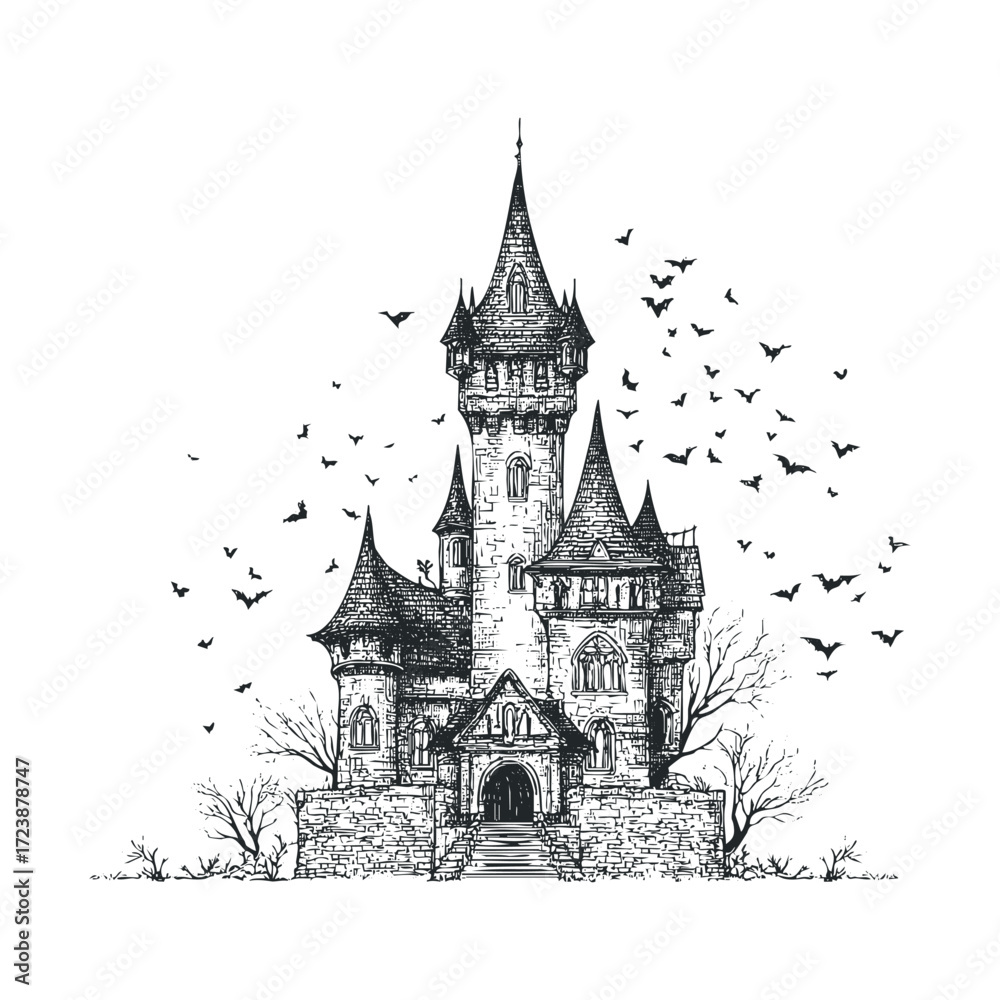 Obraz premium Pen-and-ink drawing of a spooky gothic castle with flying bats.