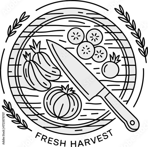 Vector art of line art illustration of a knife cutting fresh fruits and vegetables on a plate with the words fresh harvest inscribed around it, isolated on white