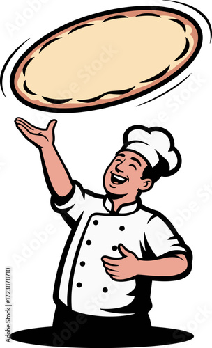 Vector art of chef tossing pizza dough in the air, isolated on white