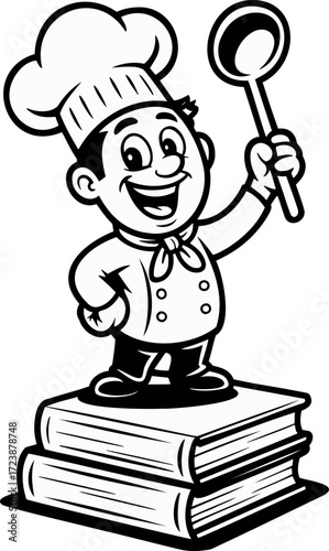 Vector art of cartoon chef character standing on books and holding a ladle, isolated on white
