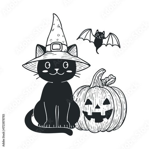 Black and white drawing of a cat, witch hat, pumpkin, and bat.