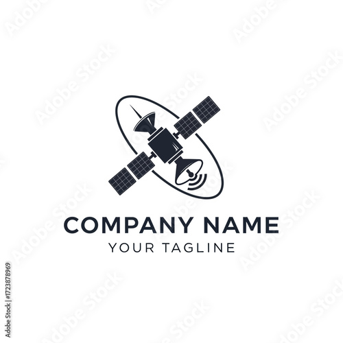 Black and white logo featuring a satellite with solar panels, an antenna, and an elliptical orbit, representing a company.
