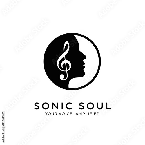 A black and white logo featuring a musical note and a human profile inside a circle.