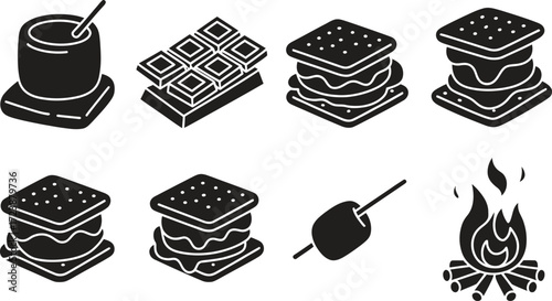 Campfire smores and drink icons in isometric style