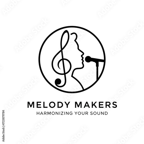 Black and white logo for Melody Makers, featuring a treble clef merging into a singer's silhouette with a microphone, symbolizing music and vocal harmony.