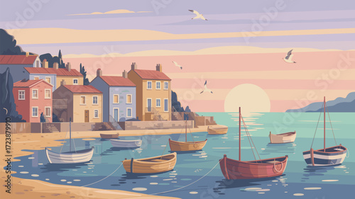 Coastal Village with Boats Sunrise Seascape Vector Illustration