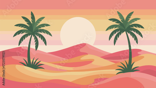 Desert Landscape with Palm Trees and Dunes Vector Illustration